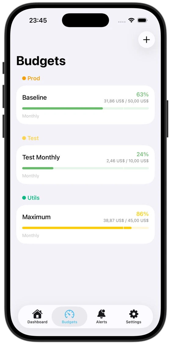 CostPulse budget tracking view with progress bars and spending limits per account